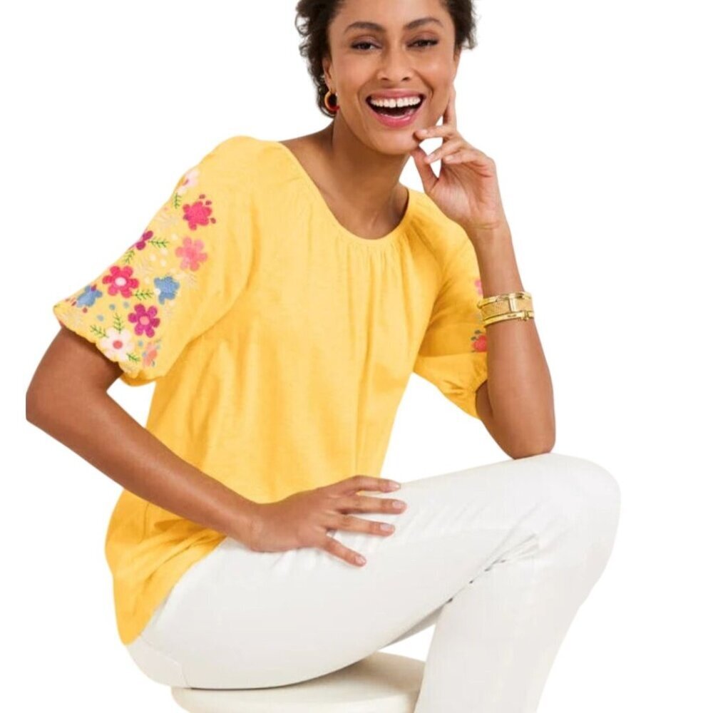 Talbots Elbow Sleeve Top Embroidered Puff Sleeve Scoop Neck Yellow Size 3X